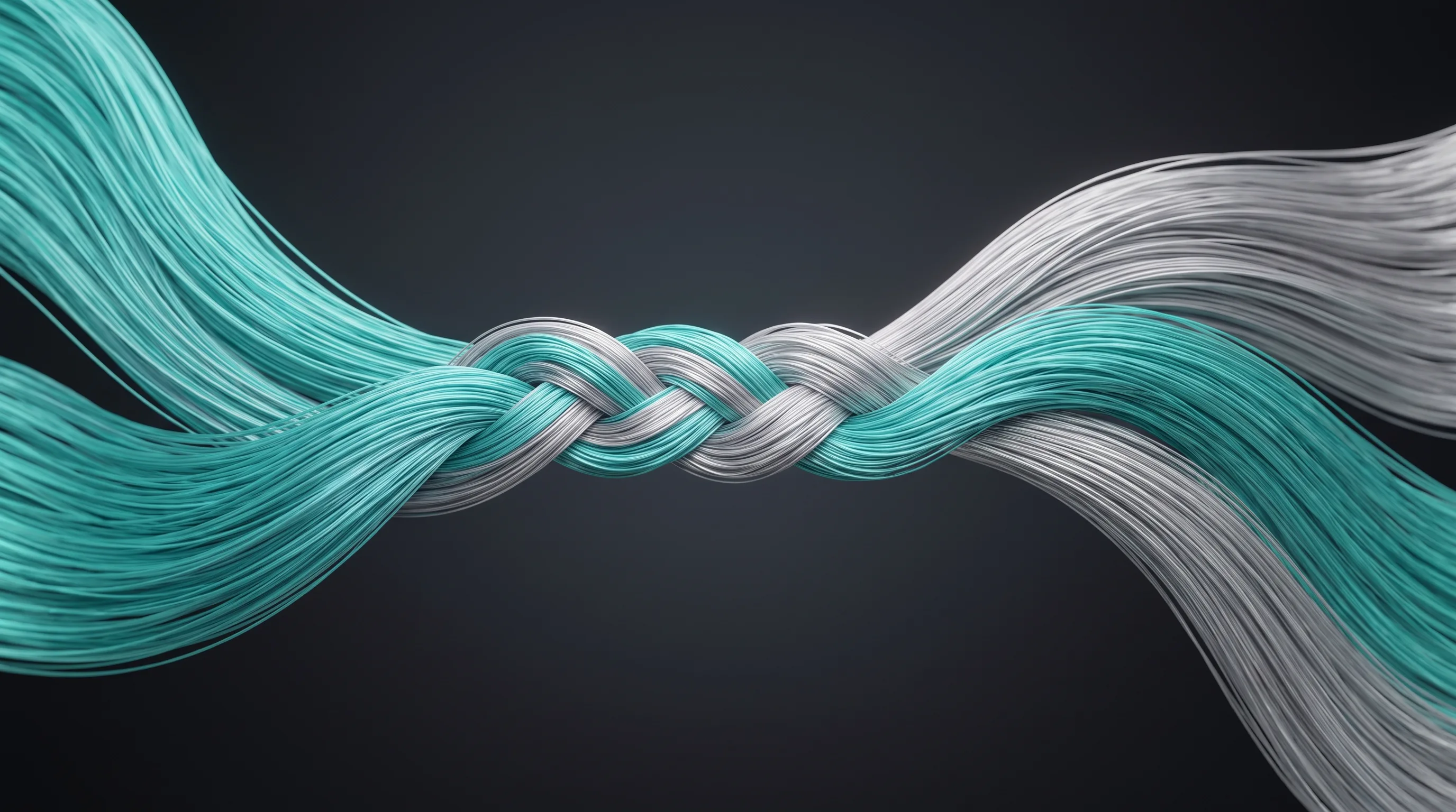 Two silk currents, turquoise and silver, braided into one