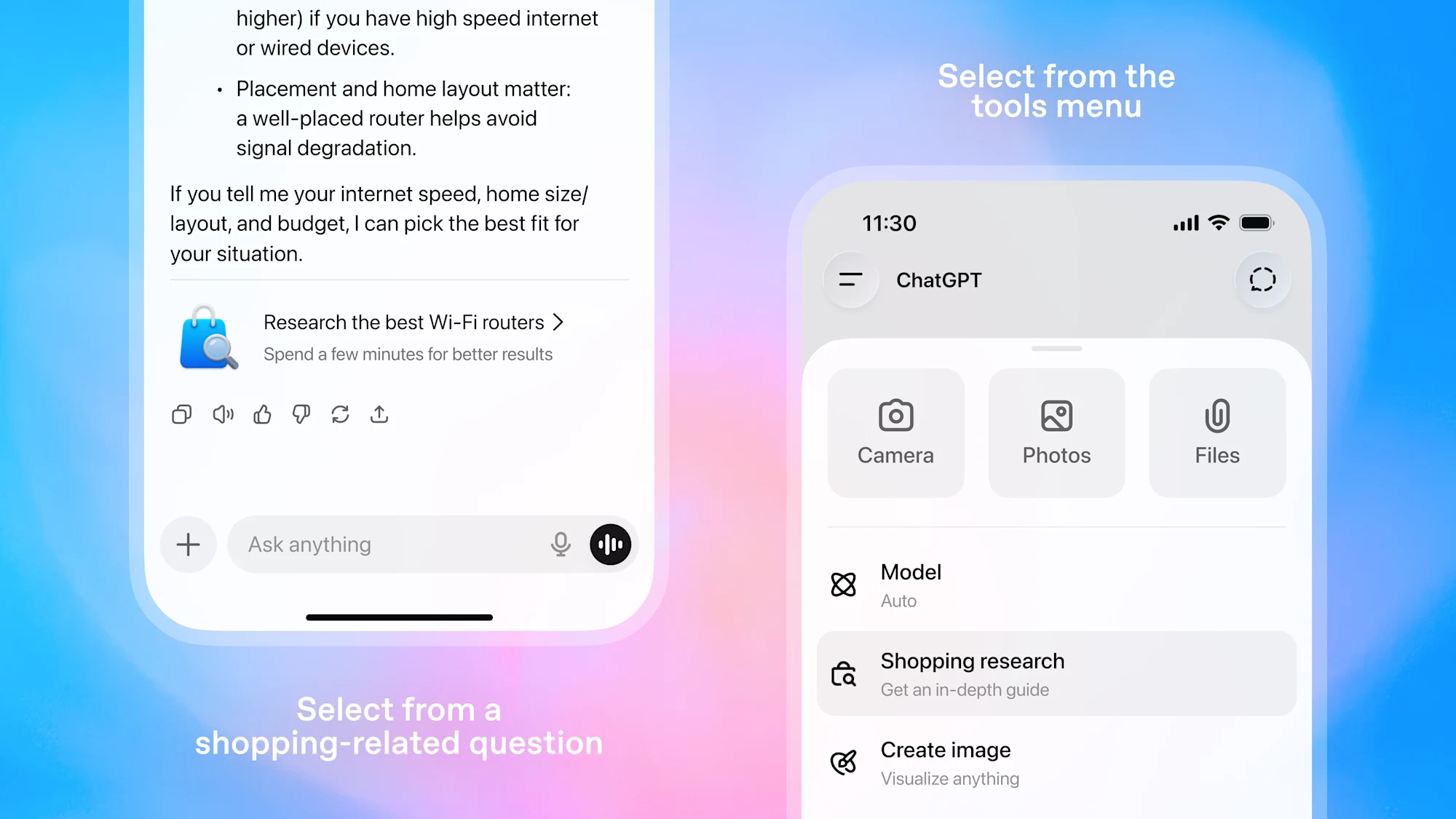 A screenshot of ChatGPT's Shopping Research feature: a shopping question in the chat, a Research the best products prompt, and Shopping research in the tools menu, showing the assistant doing the choosing before a shopper reaches a store.