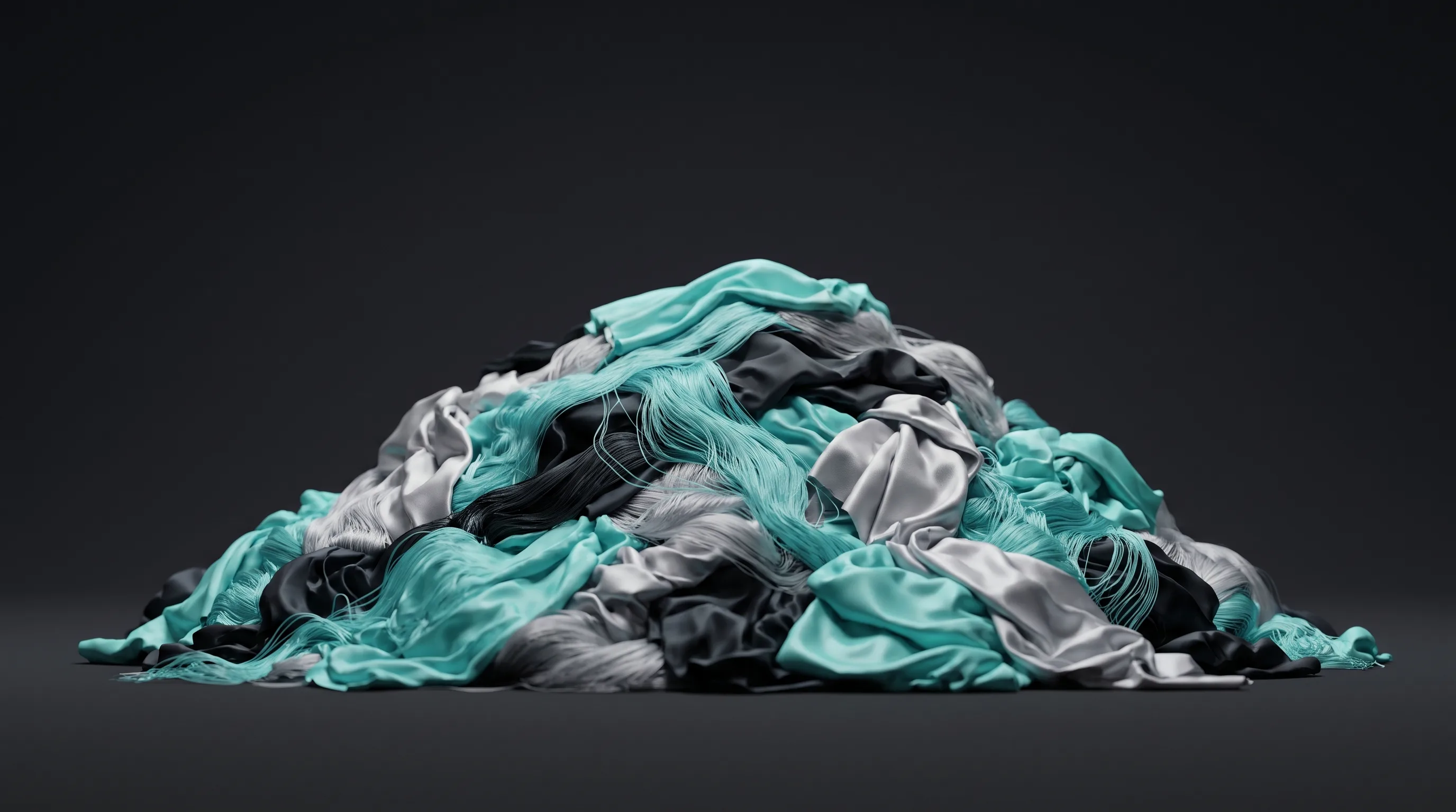 A mountain of returned apparel rendered as flowing turquoise and silver silk on near-black, a monument to the quarter of every order that comes back.
