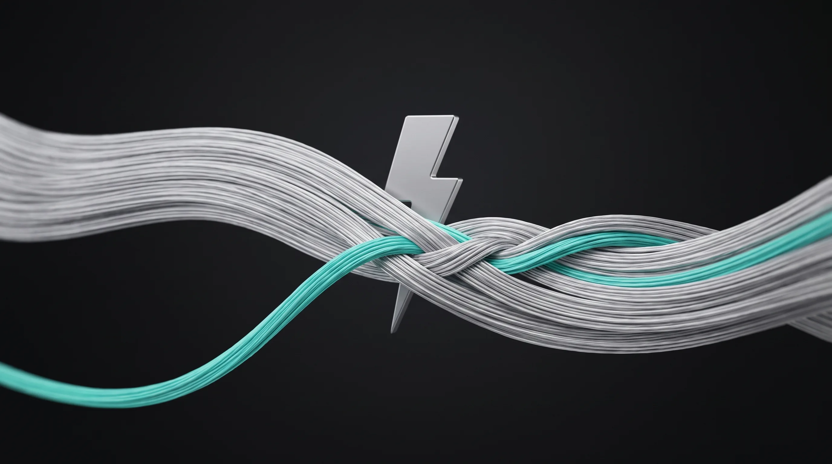 Two turquoise silk filaments flowing across a dark field and joining into a single thread