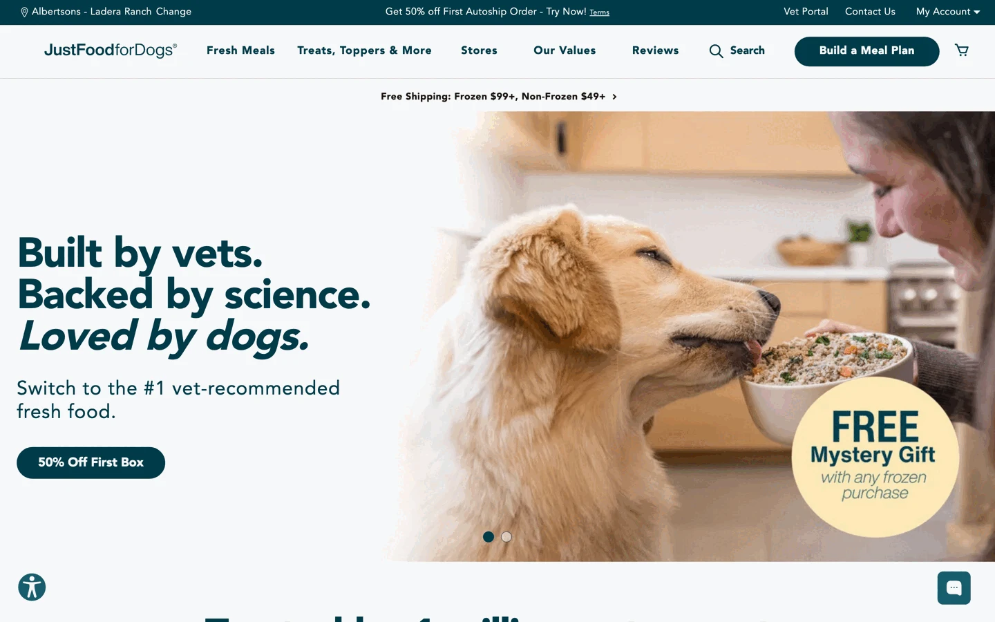 JustFoodForDogs storefront, desktop